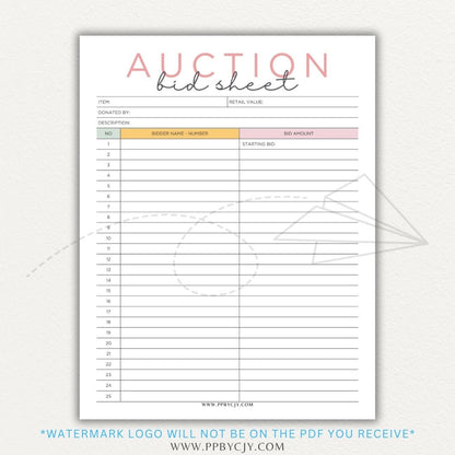 Silent Auction Bid Sheet Printable PDF Template with item details, bid increments, and bidder information fields for charity events and fundraisers.

