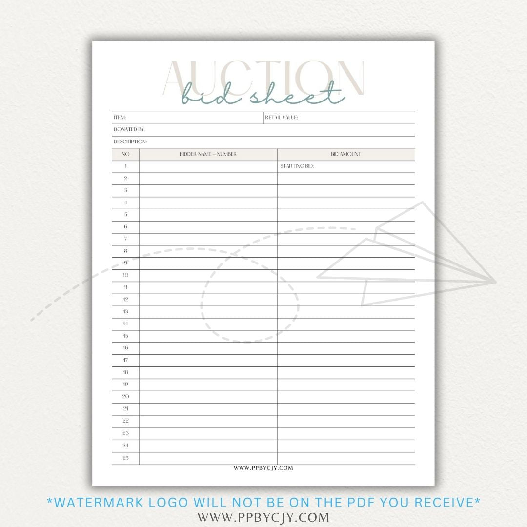 Silent Auction Bid Sheet Printable PDF Template with item details, bid increments, and bidder information fields for charity events and fundraisers.

