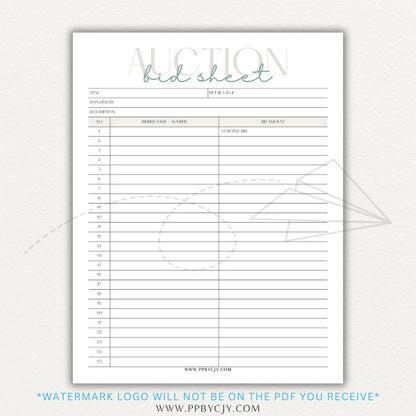 Silent Auction Bid Sheet Printable PDF Template with item details, bid increments, and bidder information fields for charity events and fundraisers.

