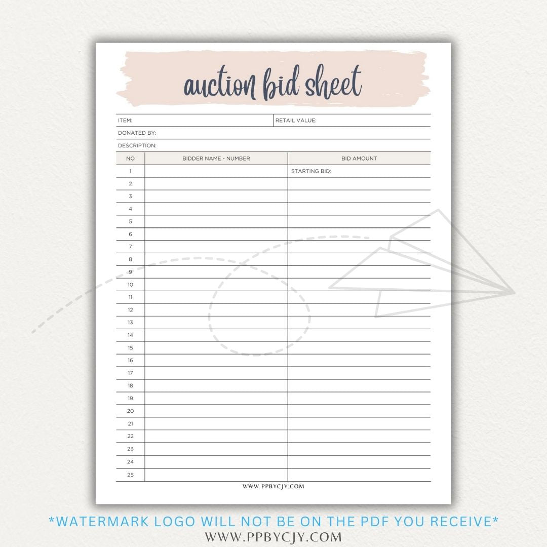 Silent Auction Bid Sheet Printable PDF Template with item details, bid increments, and bidder information fields for charity events and fundraisers.

