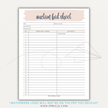 Silent Auction Bid Sheet Printable PDF Template with item details, bid increments, and bidder information fields for charity events and fundraisers.

