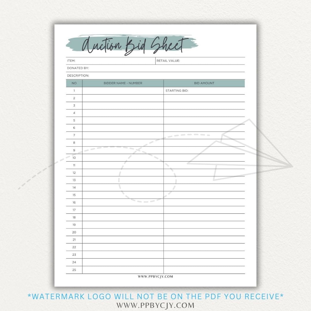 Silent Auction Bid Sheet Printable PDF Template with item details, bid increments, and bidder information fields for charity events and fundraisers.

