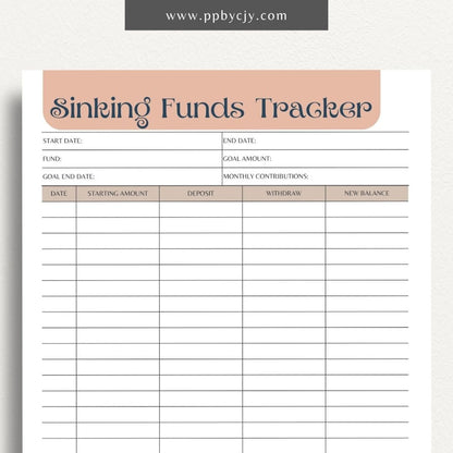 Sinking Funds Tracker Printable Template – Digital download for managing and monitoring savings for specific future expenses or goals