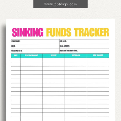 Sinking Funds Tracker Printable Template – Digital download for managing and monitoring savings for specific future expenses or goals