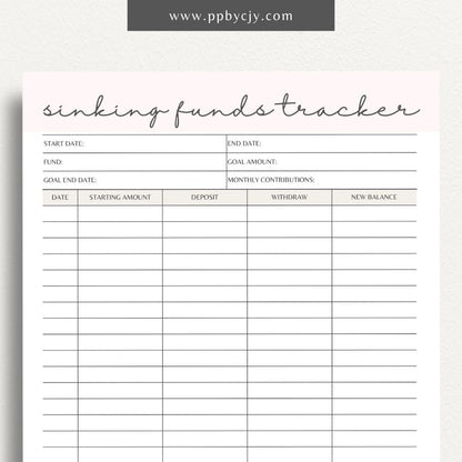 Sinking Funds Tracker Printable Template – Digital download for managing and monitoring savings for specific future expenses or goals