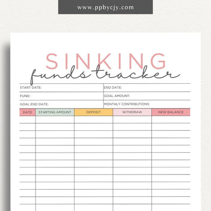 Sinking Funds Tracker Printable Template – Digital download for managing and monitoring savings for specific future expenses or goals