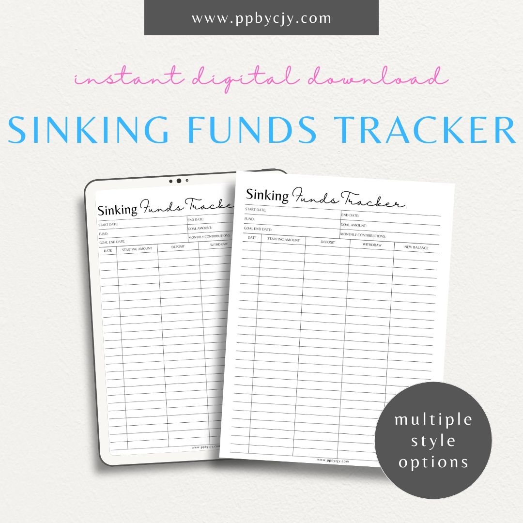 Sinking Funds Tracker Printable Template – Digital download for managing and monitoring savings for specific future expenses or goals