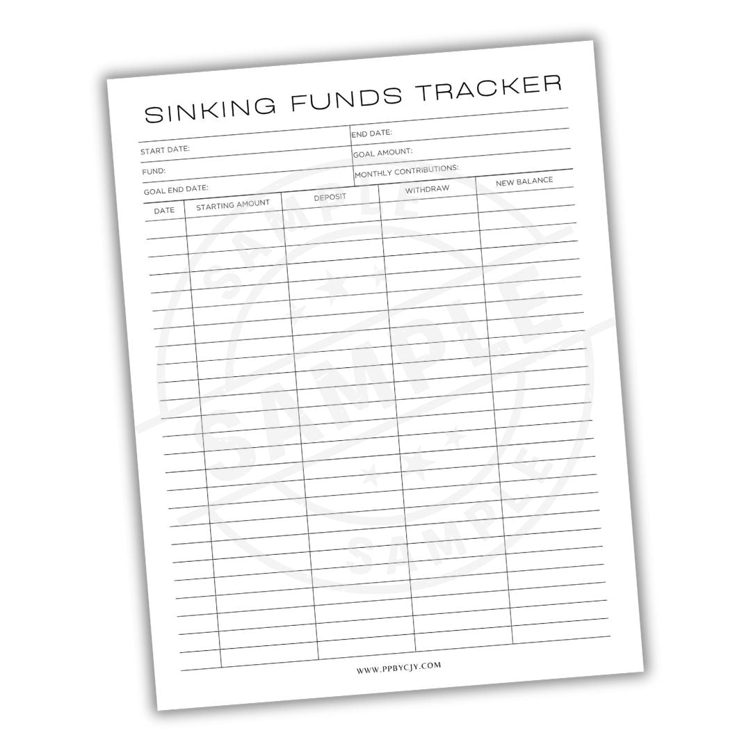 Sinking Funds Tracker sheet with columns for start date, end date, goal amount, etc.