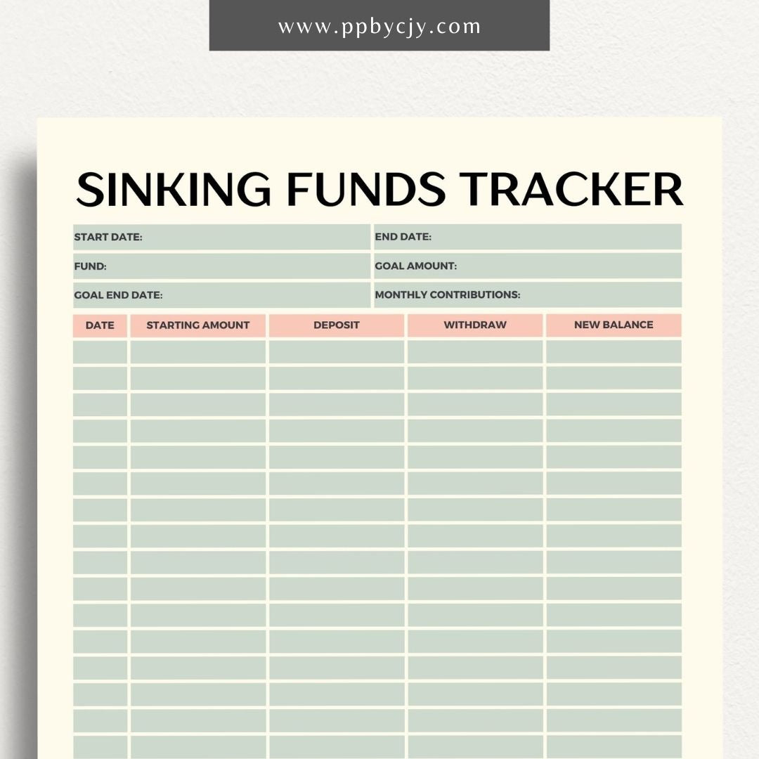 Sinking Funds Tracker Printable Template – Digital download for managing and monitoring savings for specific future expenses or goals