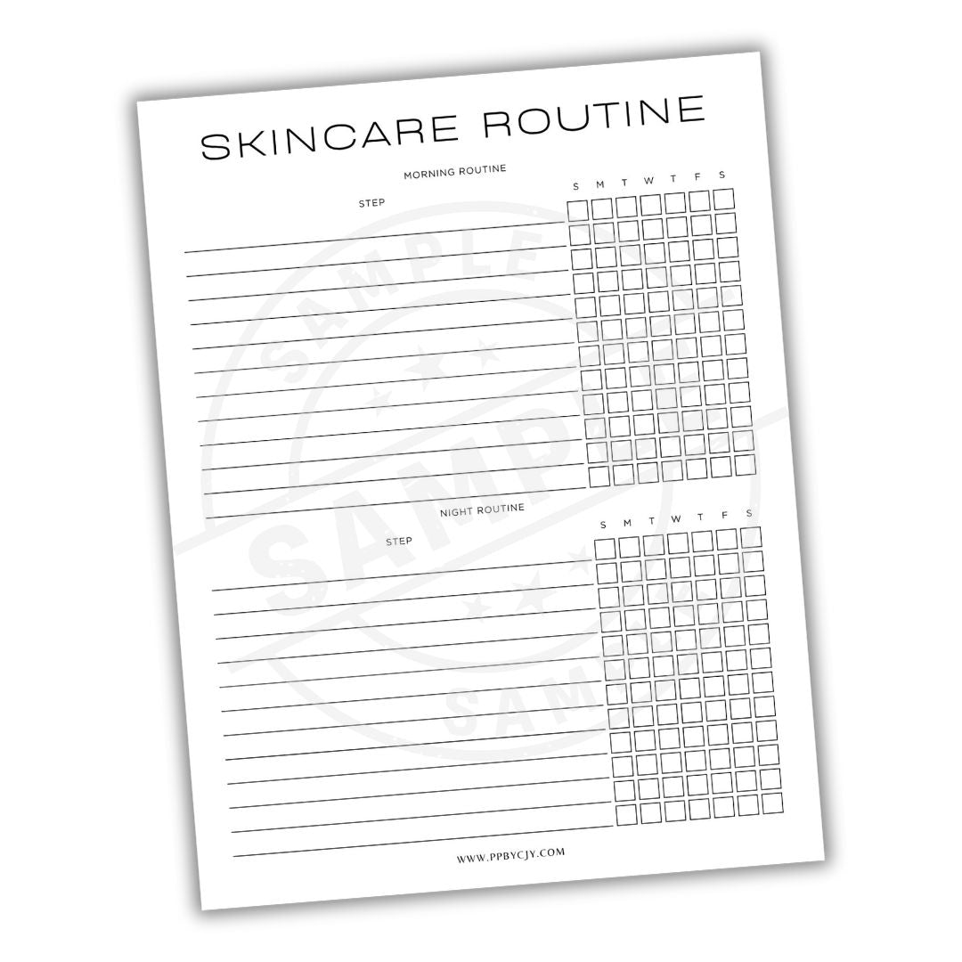 Skincare routine planner sheet with checkboxes for morning and night routines on a white background.