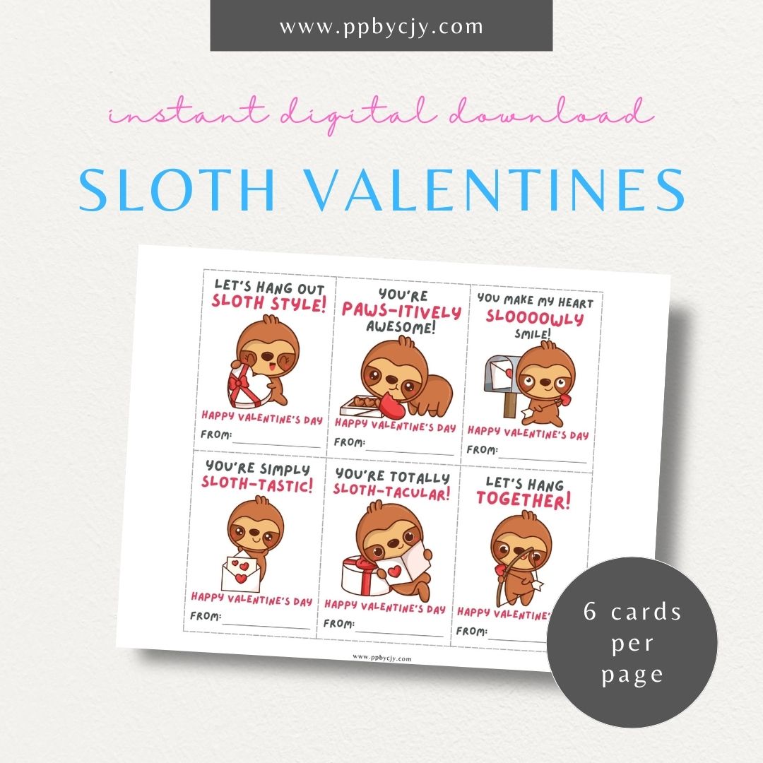 Sloth-themed Valentine’s Day cards with adorable sloth designs and fun sloth-themed quotes for a relaxed Valentine’s greeting.

