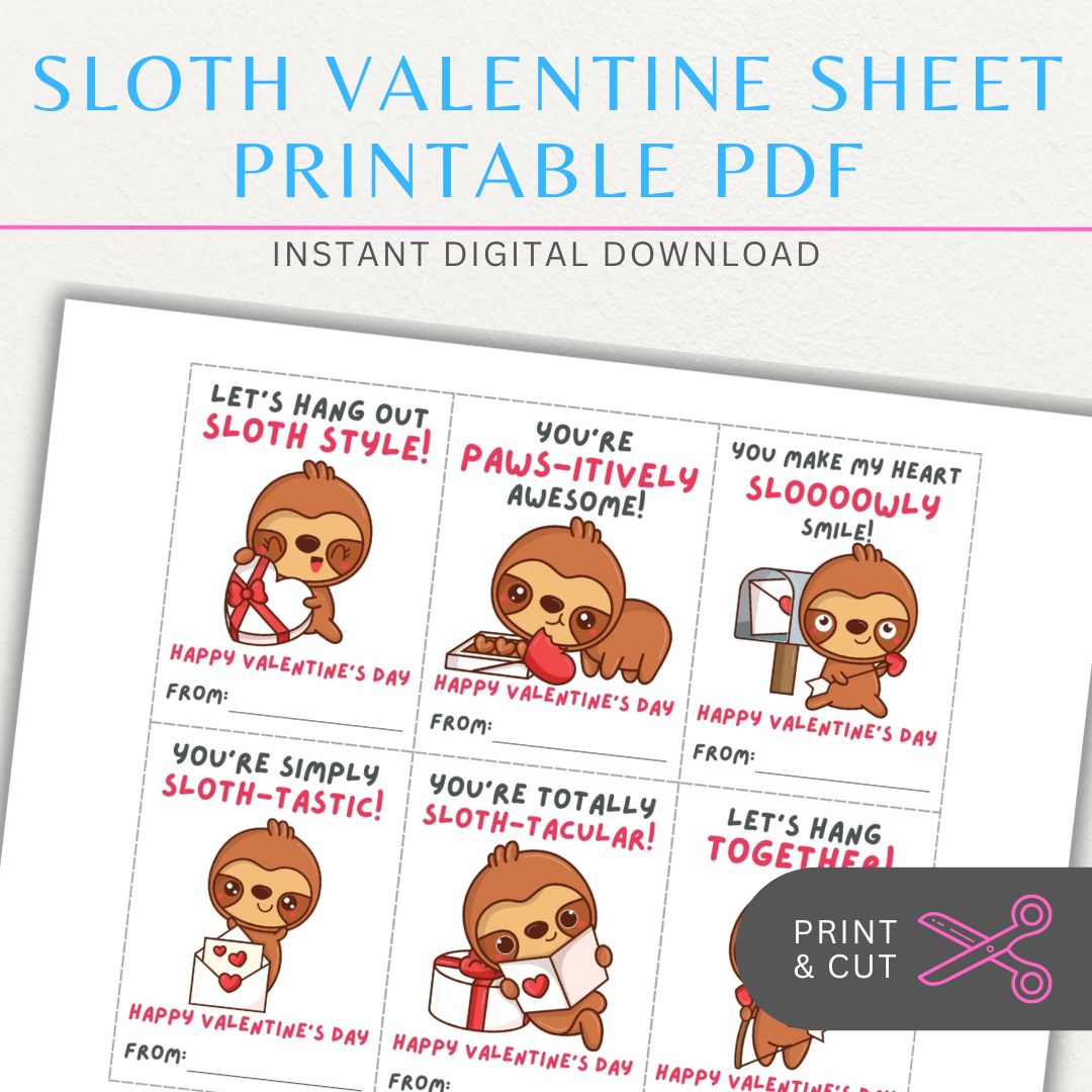 Sloth-themed Valentine’s Day cards with adorable sloth designs and fun sloth-themed quotes for a relaxed Valentine’s greeting.
