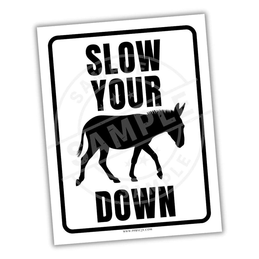 Sign with donkey silhouette and text 'Slow Your Ass Down' on a white background