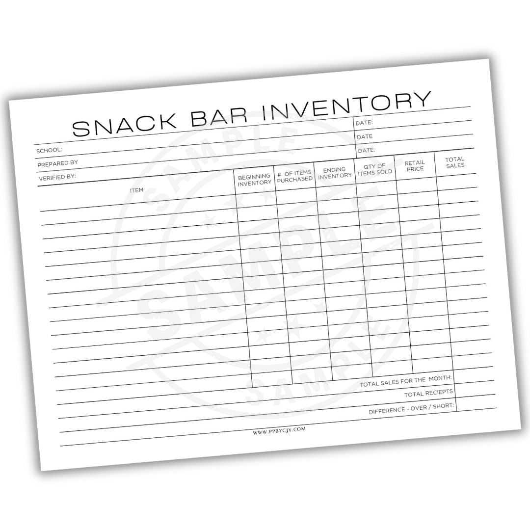 Snack bar inventory form on a white background