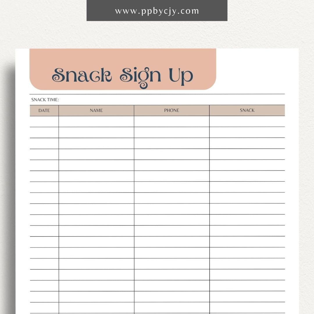 Snack Volunteer Sign-Up Printable Template – Digital download for organizing and managing volunteers for providing snacks, including dates, times, and contact information