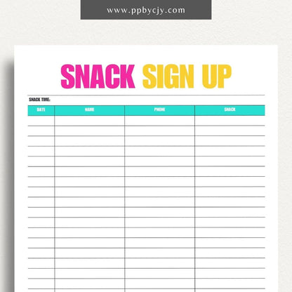 Snack Volunteer Sign-Up Printable Template – Digital download for organizing and managing volunteers for providing snacks, including dates, times, and contact information