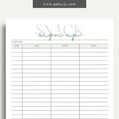 Snack Volunteer Sign-Up Printable Template – Digital download for organizing and managing volunteers for providing snacks, including dates, times, and contact information