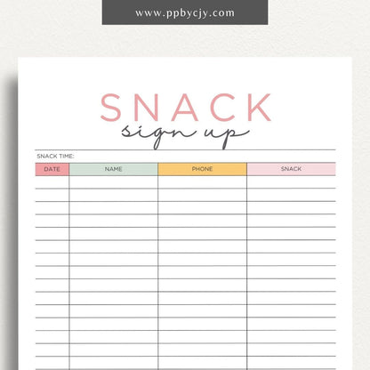 Snack Volunteer Sign-Up Printable Template – Digital download for organizing and managing volunteers for providing snacks, including dates, times, and contact information