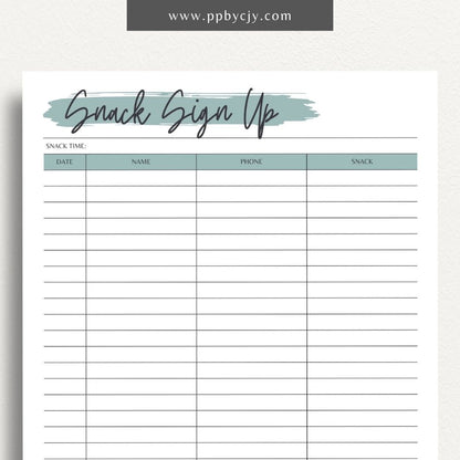 Snack Volunteer Sign-Up Printable Template – Digital download for organizing and managing volunteers for providing snacks, including dates, times, and contact information