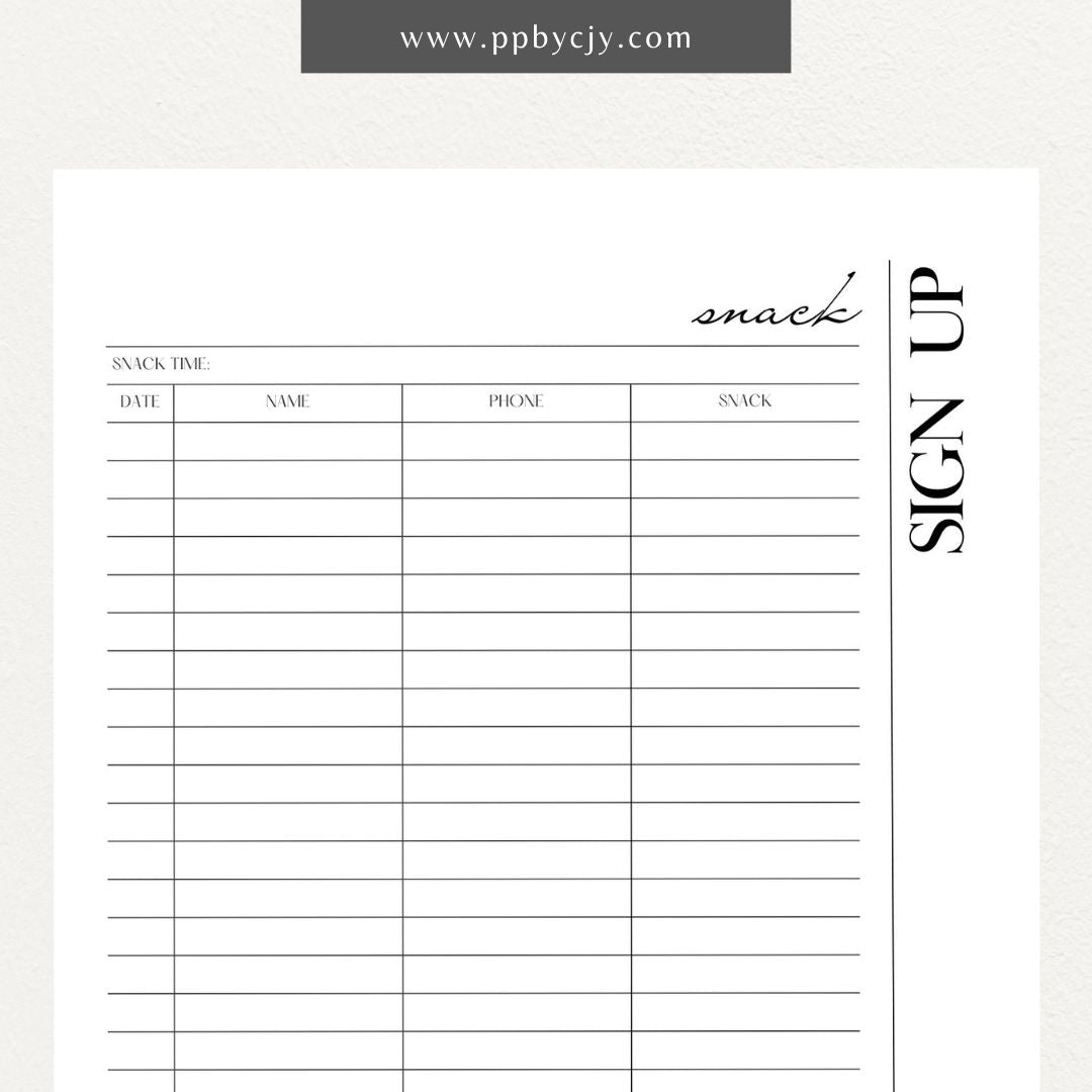 Snack Volunteer Sign-Up Printable Template – Digital download for organizing and managing volunteers for providing snacks, including dates, times, and contact information