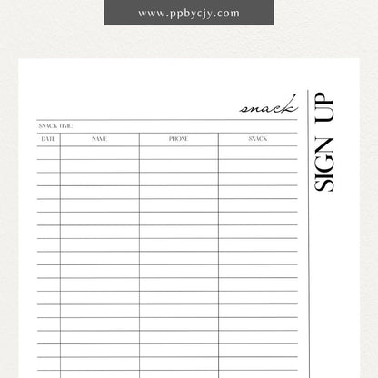 Snack Volunteer Sign-Up Printable Template – Digital download for organizing and managing volunteers for providing snacks, including dates, times, and contact information