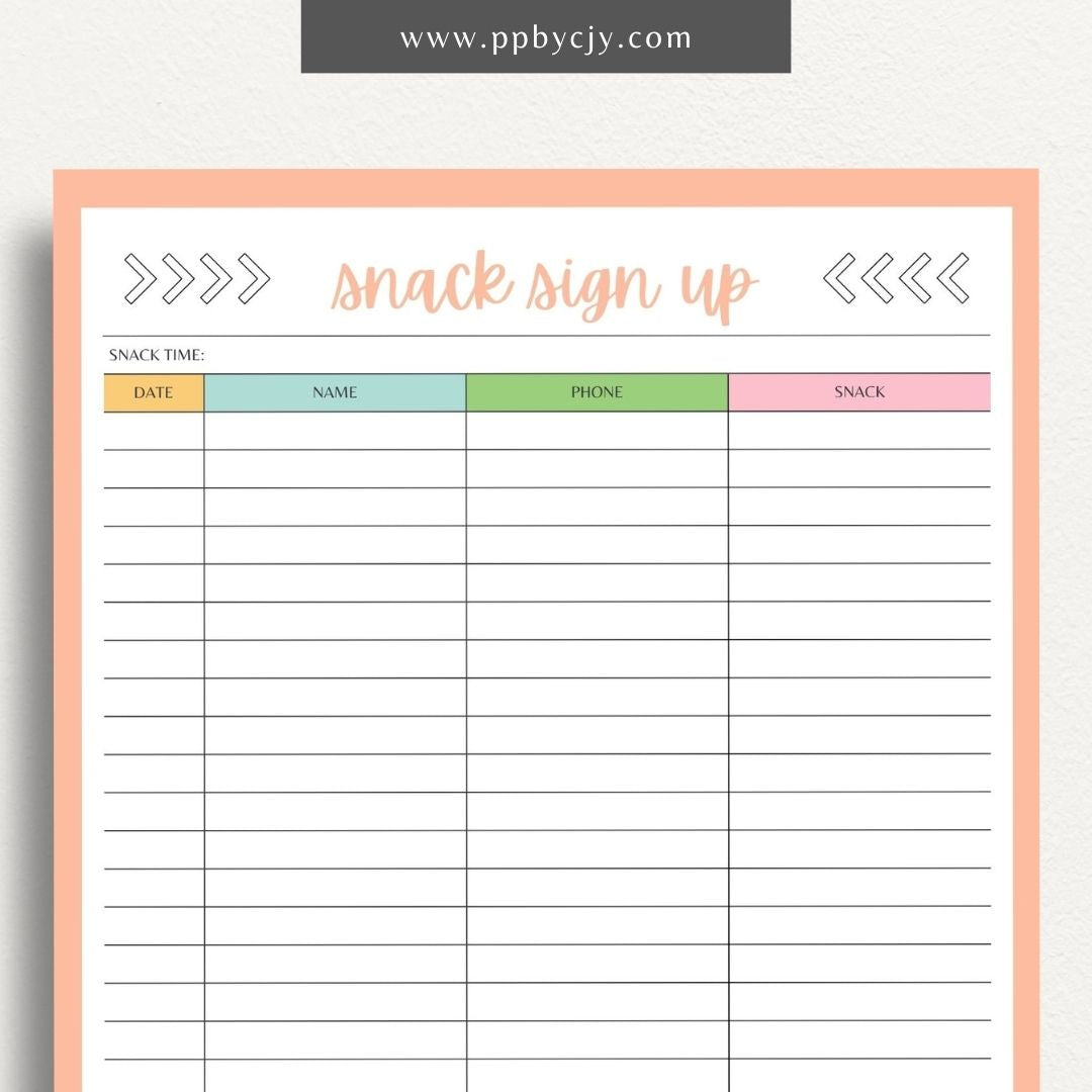 Snack Volunteer Sign-Up Printable Template – Digital download for organizing and managing volunteers for providing snacks, including dates, times, and contact information