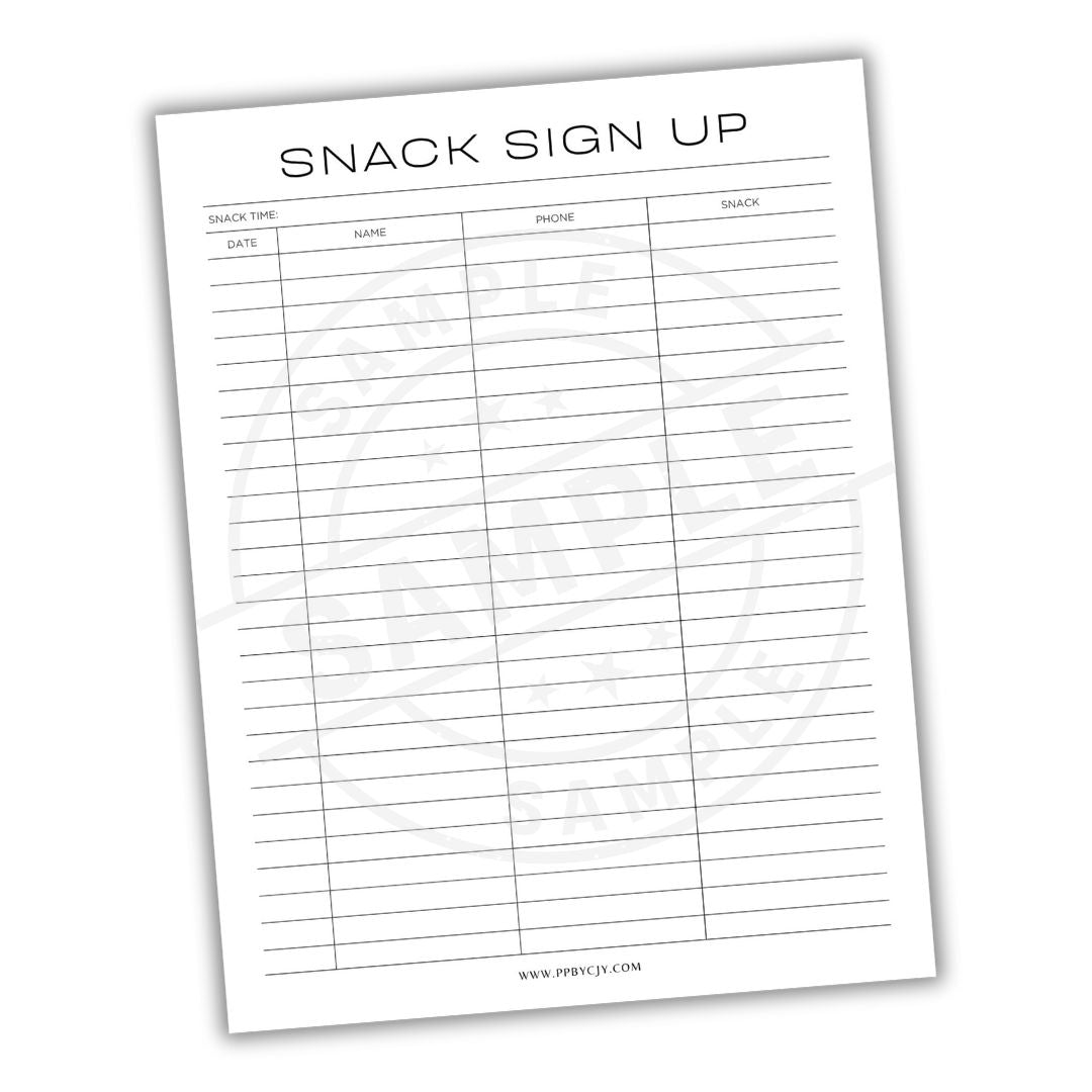 Snack sign-up sheet with columns for time, name, phone, and snack on a white background.