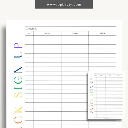 Snack Volunteer Sign-Up Printable Template – Digital download for organizing and managing volunteers for providing snacks, including dates, times, and contact information