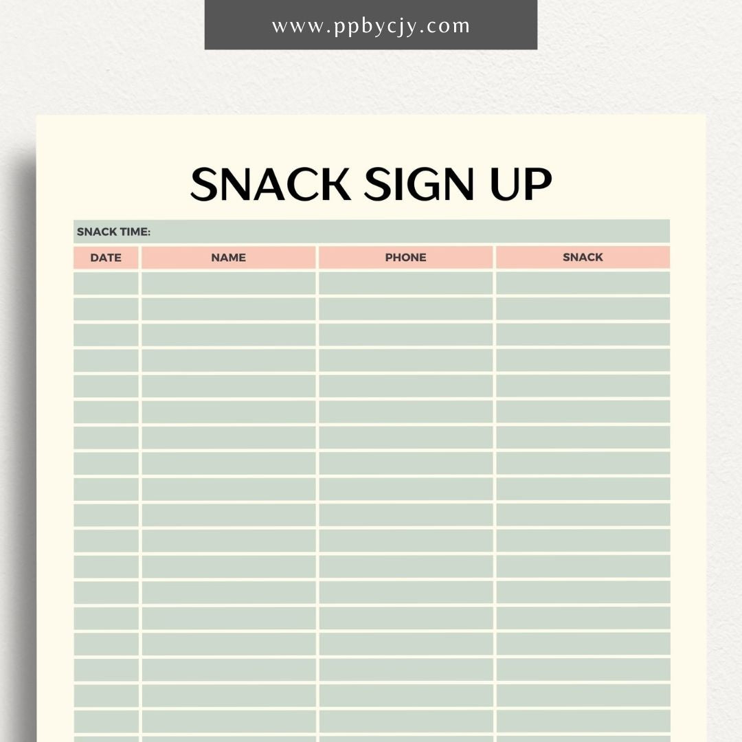 Snack Volunteer Sign-Up Printable Template – Digital download for organizing and managing volunteers for providing snacks, including dates, times, and contact information