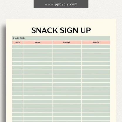 Snack Volunteer Sign-Up Printable Template – Digital download for organizing and managing volunteers for providing snacks, including dates, times, and contact information