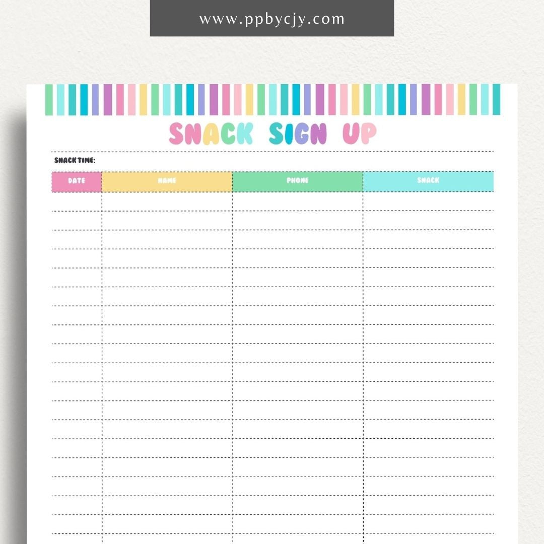 Snack Volunteer Sign-Up Printable Template – Digital download for organizing and managing volunteers for providing snacks, including dates, times, and contact information