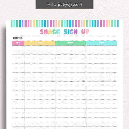 Snack Volunteer Sign-Up Printable Template – Digital download for organizing and managing volunteers for providing snacks, including dates, times, and contact information