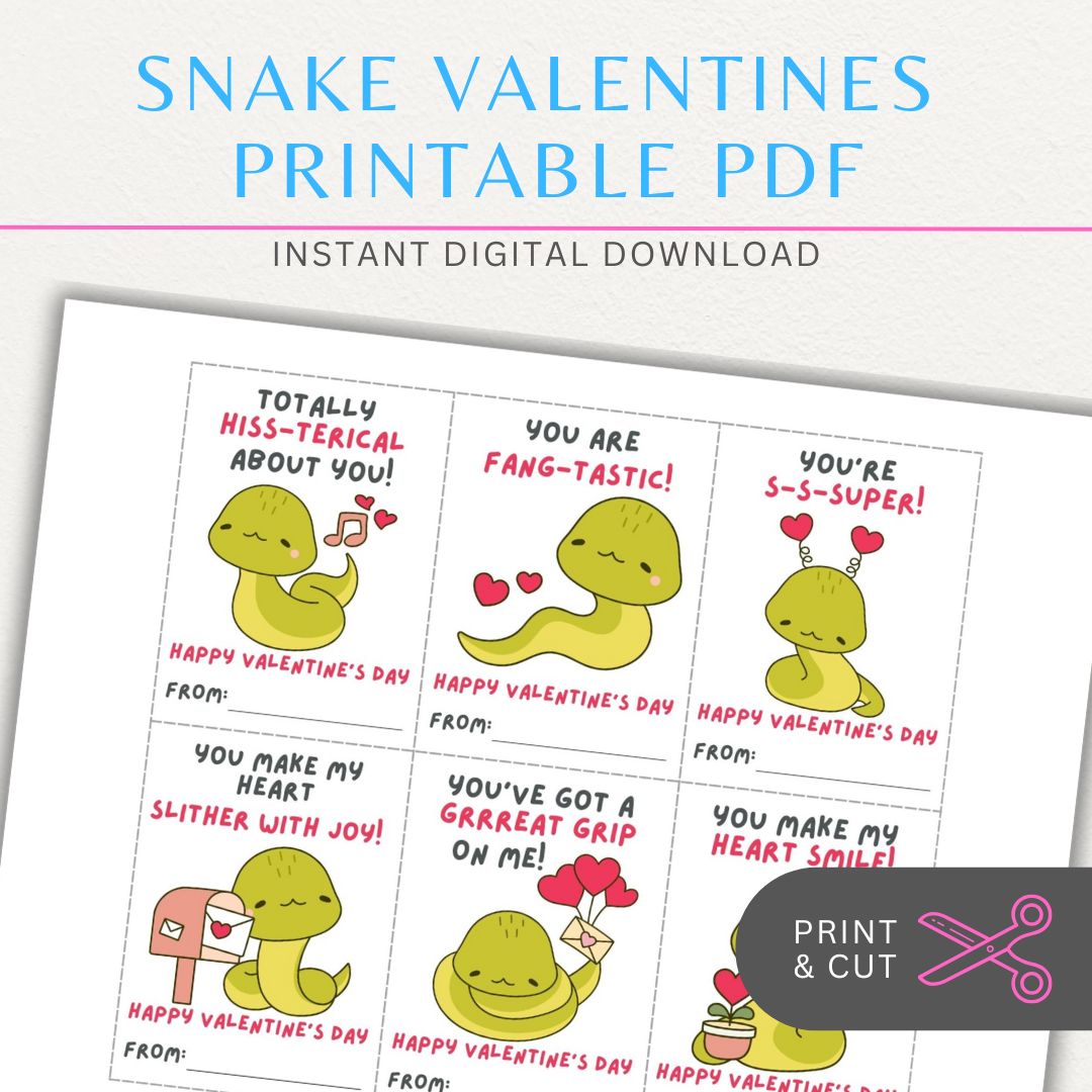 Snake-themed printable Valentine’s Day sheet featuring six cute and playful snake designs with fun and pun-filled messages.

