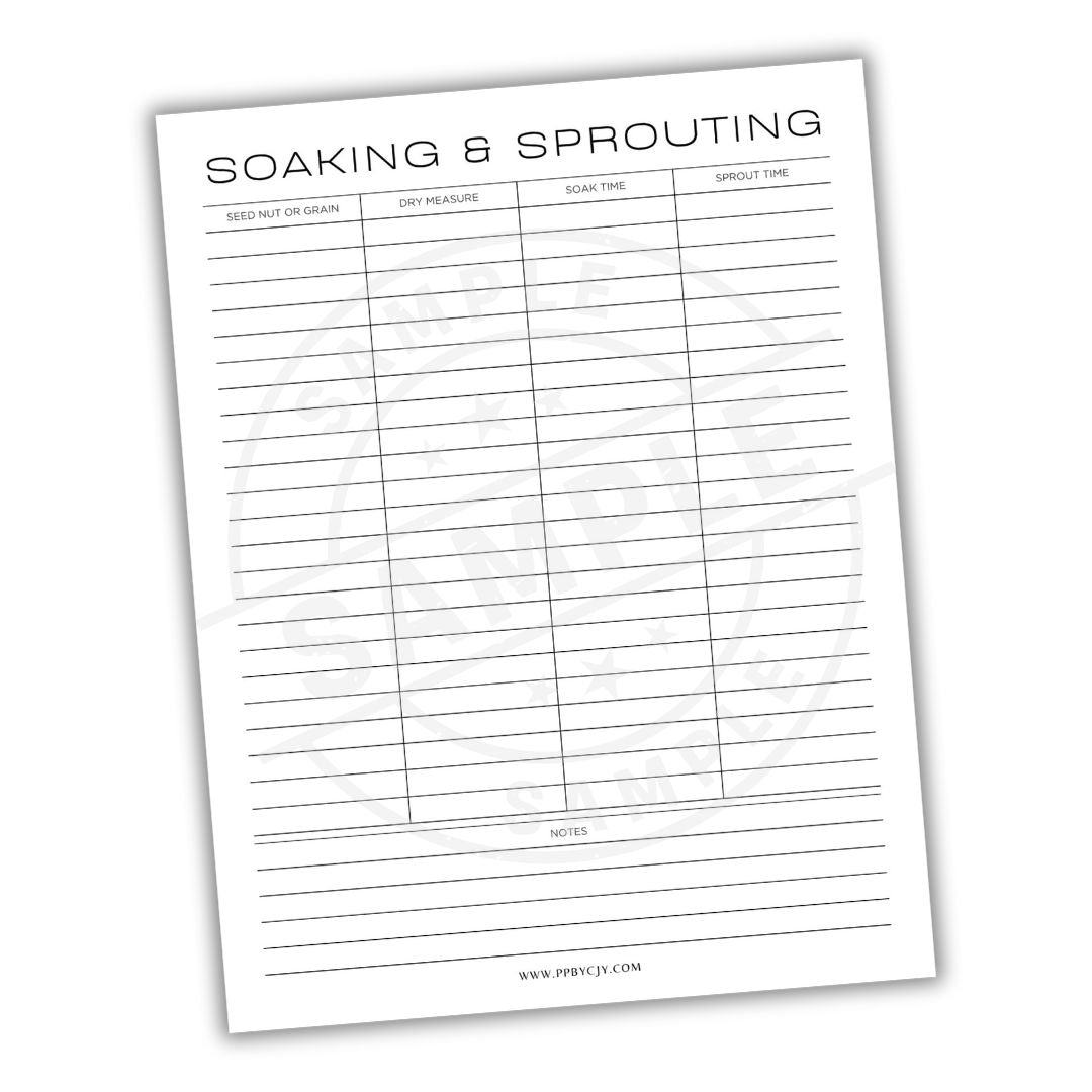 Sheet with 'Soaking & Sprouting' chart on a white background