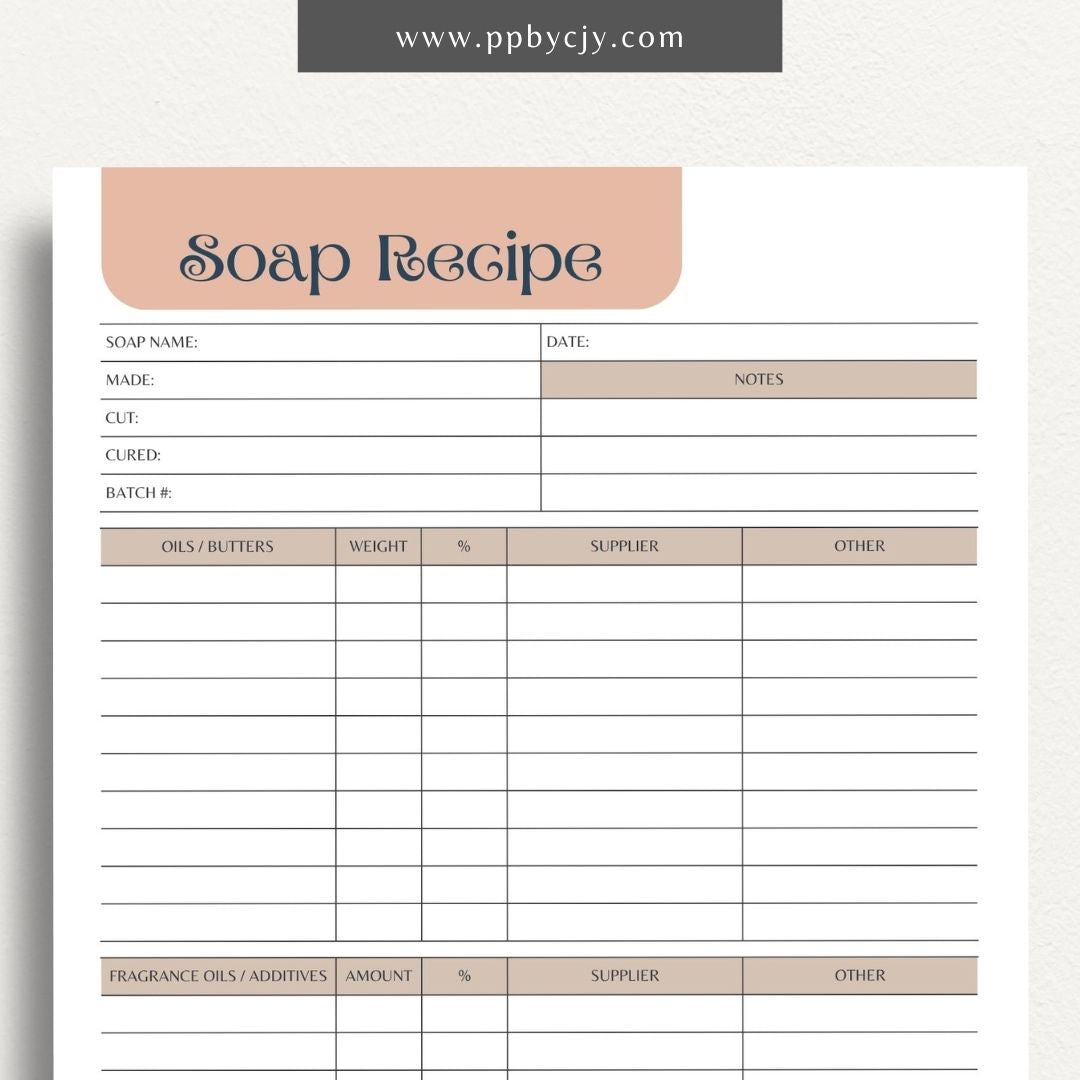 Soap Recipe Printable Template – Digital download for recording and organizing soap recipes, including ingredients, measurements, and instructions