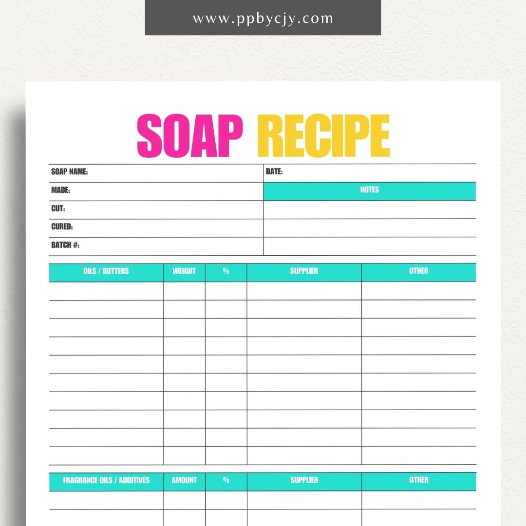 Soap Recipe Printable Template – Digital download for recording and organizing soap recipes, including ingredients, measurements, and instructions