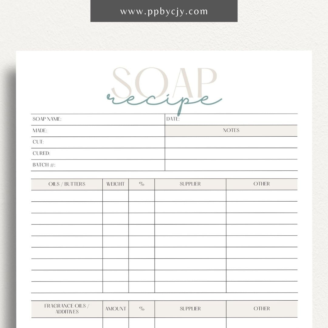 Soap Recipe Printable Template – Digital download for recording and organizing soap recipes, including ingredients, measurements, and instructions