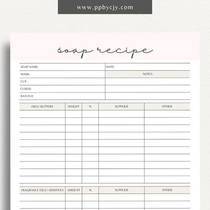 Soap Recipe Printable Template – Digital download for recording and organizing soap recipes, including ingredients, measurements, and instructions