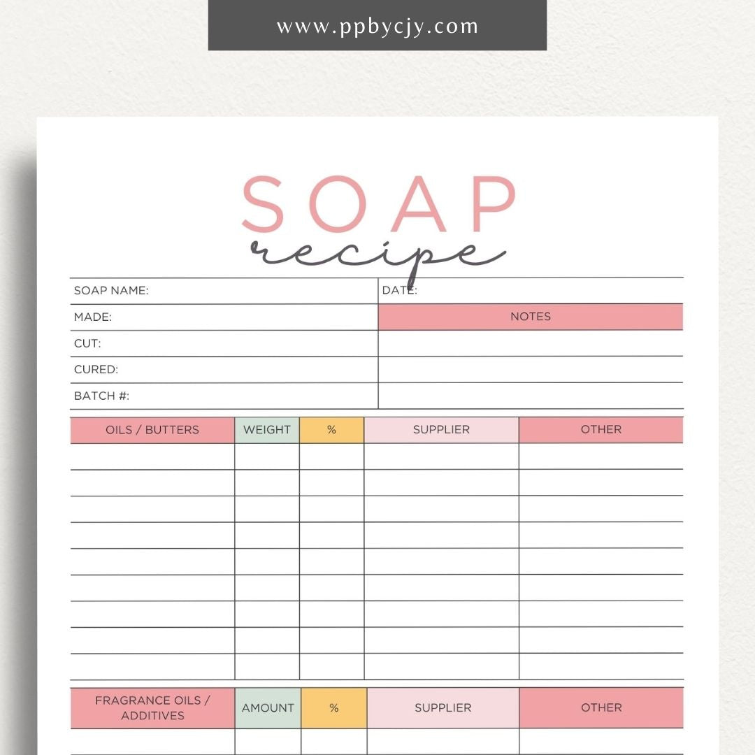 Soap Recipe Printable Template – Digital download for recording and organizing soap recipes, including ingredients, measurements, and instructions