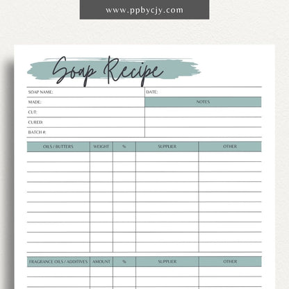 Soap Recipe Printable Template – Digital download for recording and organizing soap recipes, including ingredients, measurements, and instructions