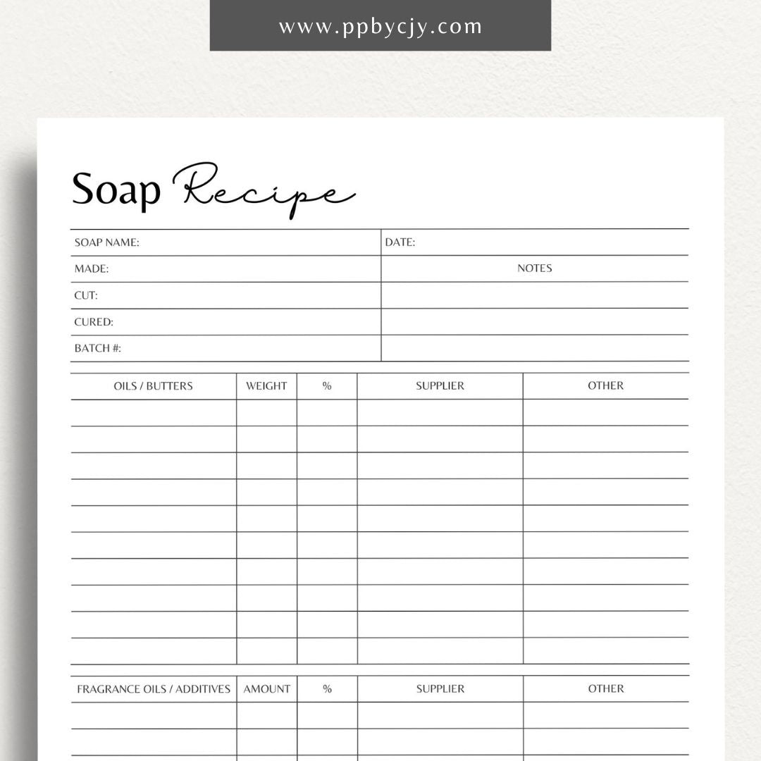 Soap Recipe Printable Template – Digital download for recording and organizing soap recipes, including ingredients, measurements, and instructions