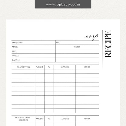 Soap Recipe Printable Template – Digital download for recording and organizing soap recipes, including ingredients, measurements, and instructions