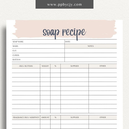 Soap Recipe Printable Template – Digital download for recording and organizing soap recipes, including ingredients, measurements, and instructions