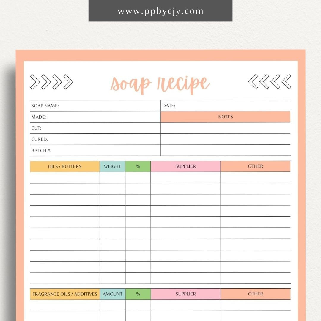 Soap Recipe Printable Template – Digital download for recording and organizing soap recipes, including ingredients, measurements, and instructions