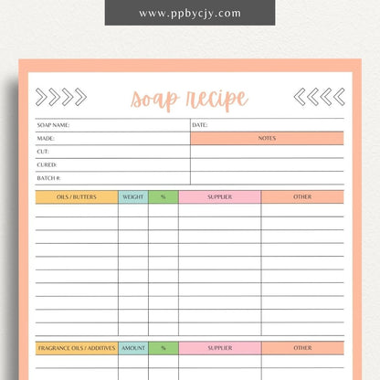 Soap Recipe Printable Template – Digital download for recording and organizing soap recipes, including ingredients, measurements, and instructions