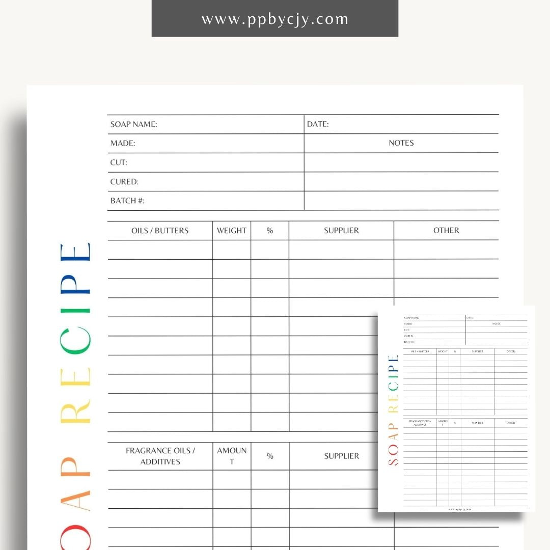 Soap Recipe Printable Template – Digital download for recording and organizing soap recipes, including ingredients, measurements, and instructions