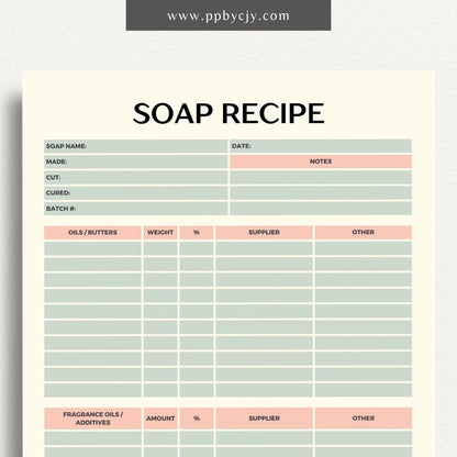 Soap Recipe Printable Template – Digital download for recording and organizing soap recipes, including ingredients, measurements, and instructions