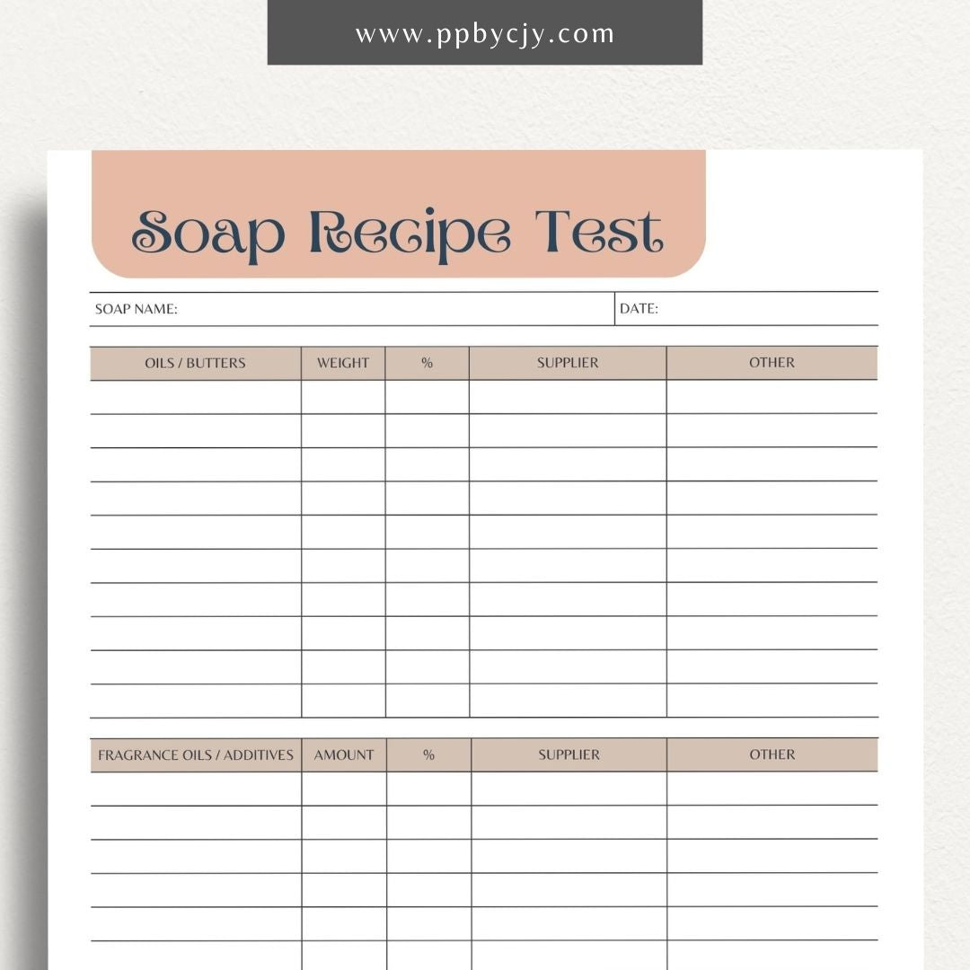 Soap Testing Printable Template – Digital download for documenting and tracking the testing of soap products, including test results, observations, and adjustments