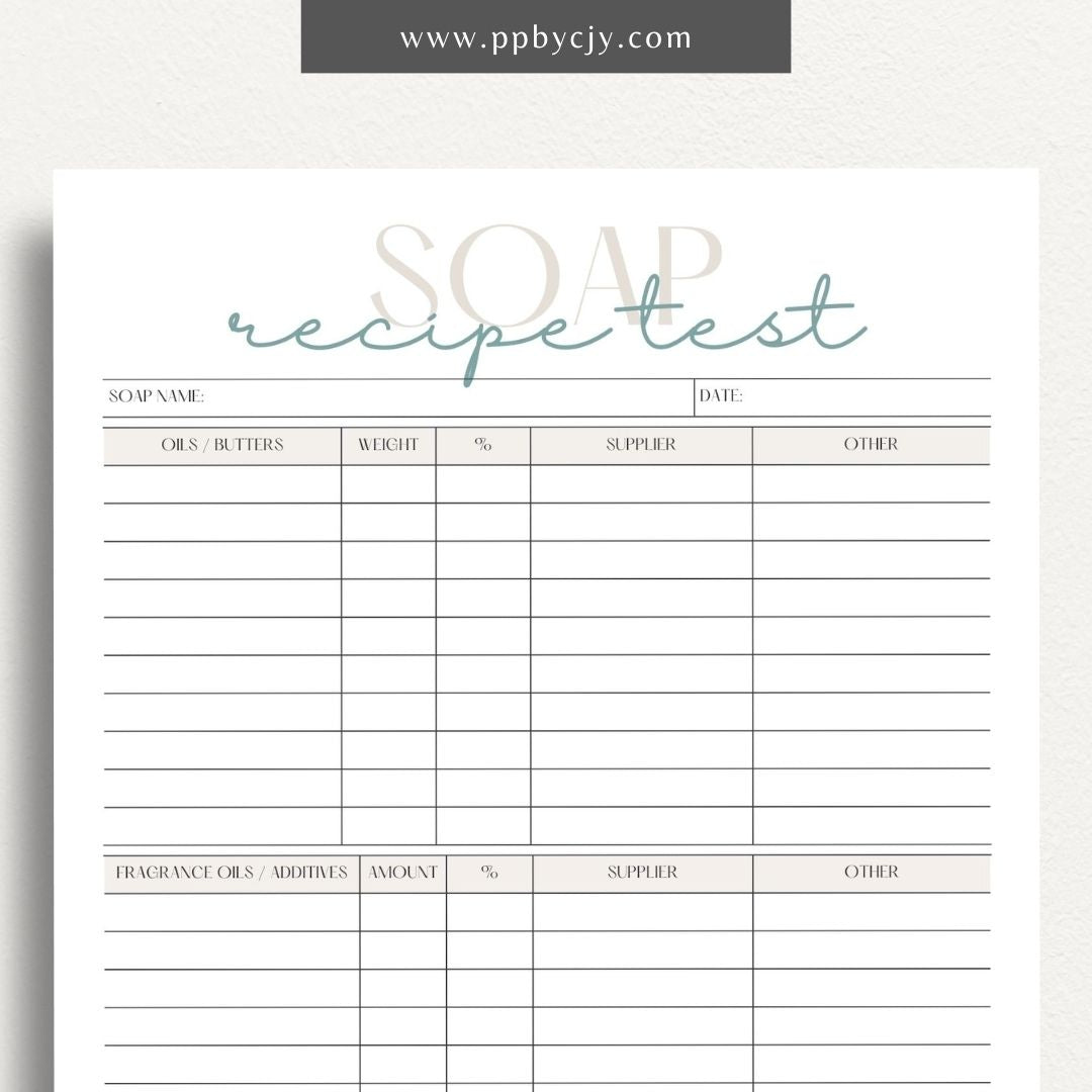 Soap Testing Printable Template – Digital download for documenting and tracking the testing of soap products, including test results, observations, and adjustments