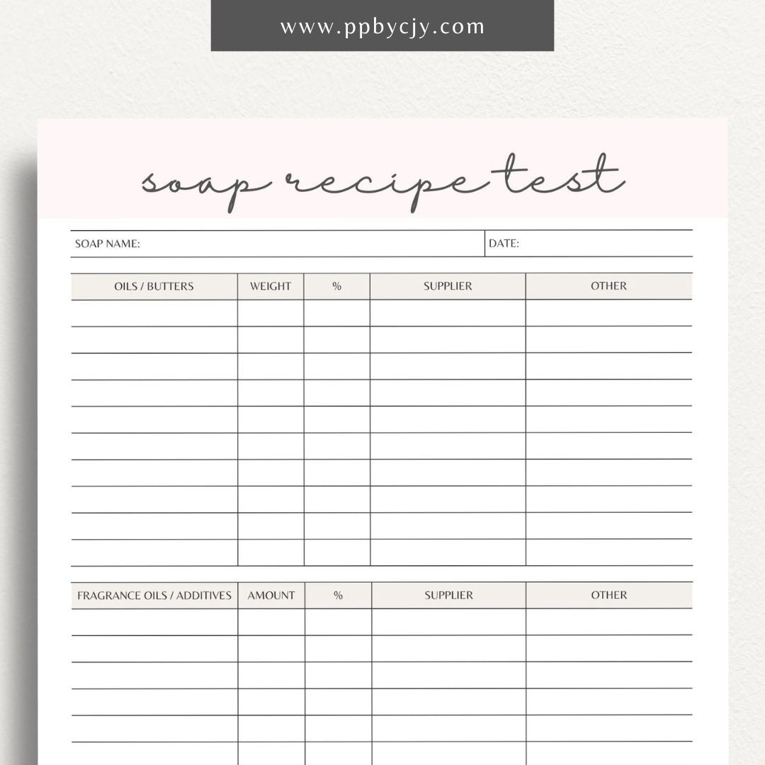 Soap Testing Printable Template – Digital download for documenting and tracking the testing of soap products, including test results, observations, and adjustments